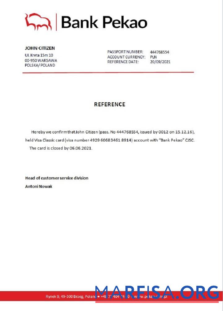 Downloadable Poland Bank Pekao closure reference download for verification